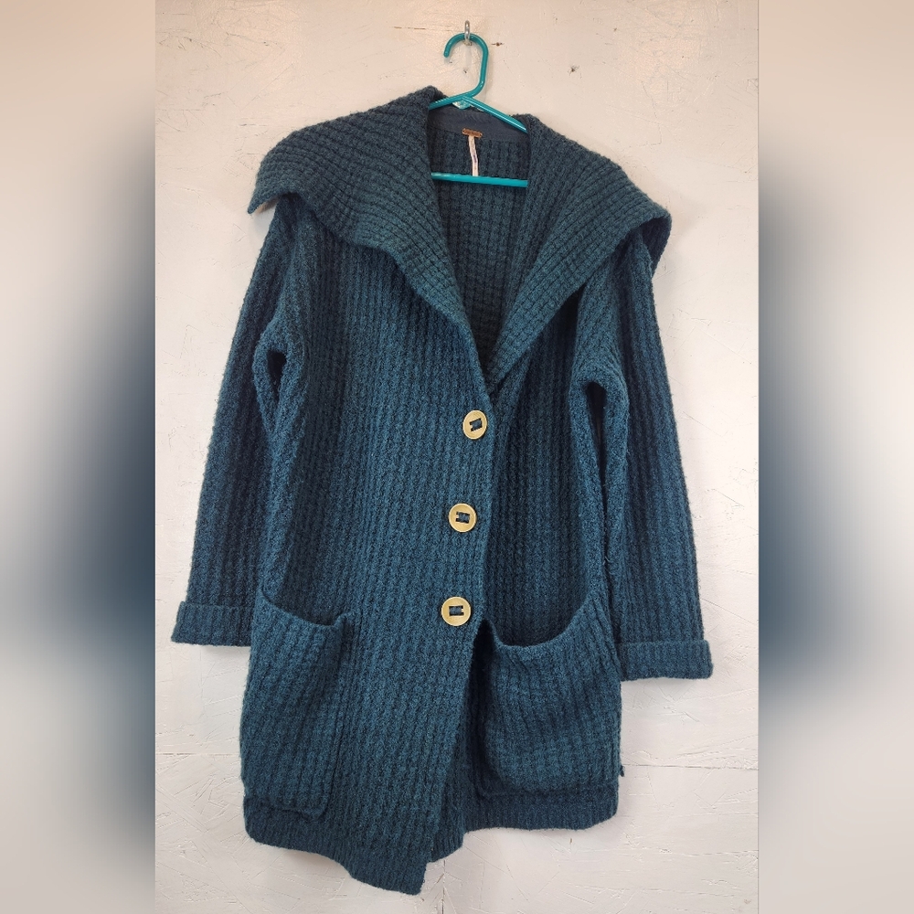 Free People Sweater Cardigan Collared Green Wool Blend Sweatercoat Cozy Small
